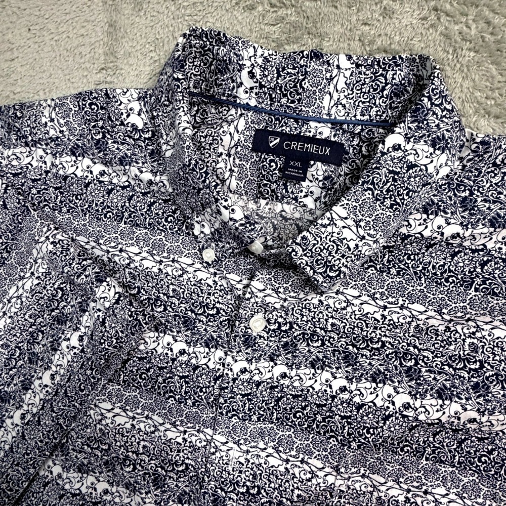 Cremieux Mens XXL Blue White Floral Stripe Cotton Short Sleeve Button Down Shirt